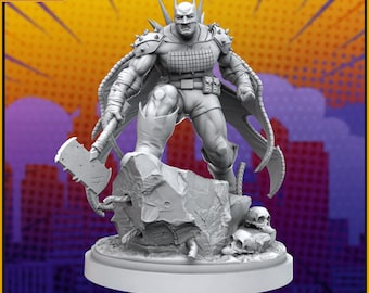 May include: A gray 3D printed miniature of Batman holding a battle axe. The figure is wearing a spiked armor and a cape. The figure is standing on a rock base with skulls.