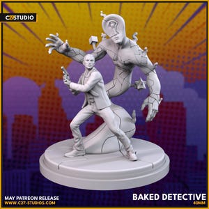 May include: A gray 3D-printed figurine of a detective holding a gun, with a spectral figure behind him. The base is round, and the text "BAKED DETECTIVE" and "40MM" are visible. The figurine is from C27 Studio.