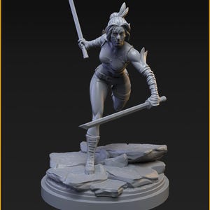 May include: A gray miniature figurine of a female warrior in a dynamic pose, holding two swords. The figure is on a rocky base. The text "CZ STUDIO" and "NOVEMBER PATREON RELEASE" are visible. The word "ECHO" is also visible.