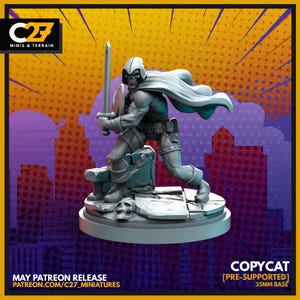 May include: A gray 3D printed miniature of a hooded figure wielding a sword and shield. The figure is standing on a rocky base. The miniature is labeled "Copycat [Pre-Supported] 35mm Base".