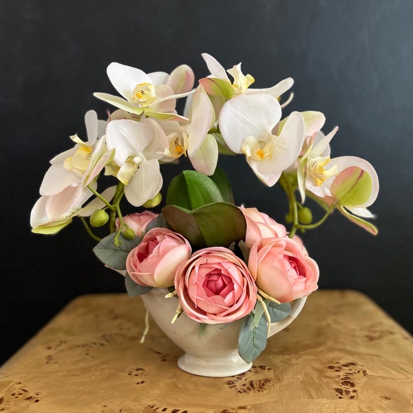 Flower Arrangement,Real Touch Orchids,Cottage Roses,Faux Flowers in Vase,French Country, Vintage Gravy Boat,Home Decor,Orchid Centerpiece