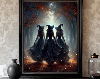 Sister Witches walking in Autumn forest Halloween Dark academia Fantasy Vintage painting Witchy Flowy Victorian dress silhouette art print