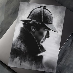 May include: A black and white illustration of a man wearing a detective hat and coat. The image is stylized and has a watercolor effect.
