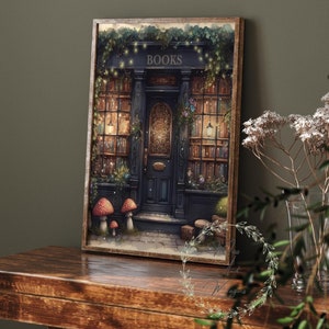 May include: A digital illustration of a bookstore with a dark blue door and windows filled with books. The sign above the door reads "BOOKS" and there are fairy lights strung above the door. There are mushrooms in front of the store.