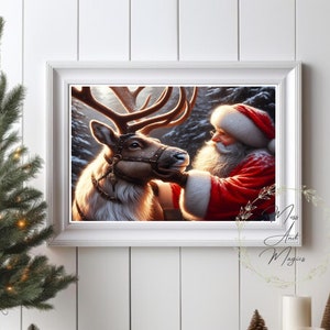 Papai Noel e Rena Aconchegante Pintura de Inverno de Natal Natureza Neutra Simples Mágica Temporada Feriado Arte de Parede Impressão Pôster