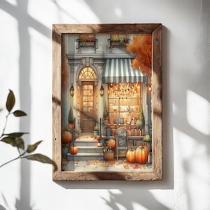 Cozy Autumn Fall Bookstore cottage Village Book shop Coffee shop Cafe Vintage Bookish Library Reader Book lover Gift Watercolor painting art