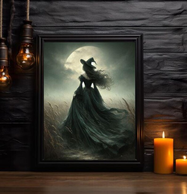 Witch Walking in Field, Flowy Black Dress Full Moon Halloween Dark
