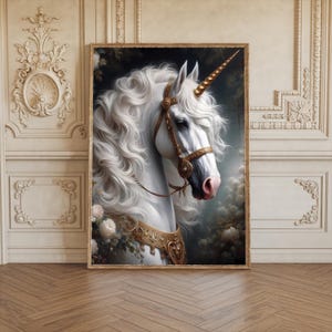 Unicorn, White Victorian Shire Horse, flowers, Vintage Medieval Renaissance Fantasy painting print Wall Art