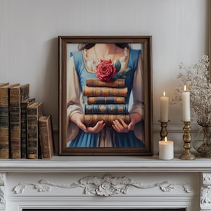 Belle che tiene i libri La bella e la bestia Rosa Fiaba Fantasia Biblioteca libresca Vestito blu Decorazione murale della biblioteca Arte Acquerello Stampa