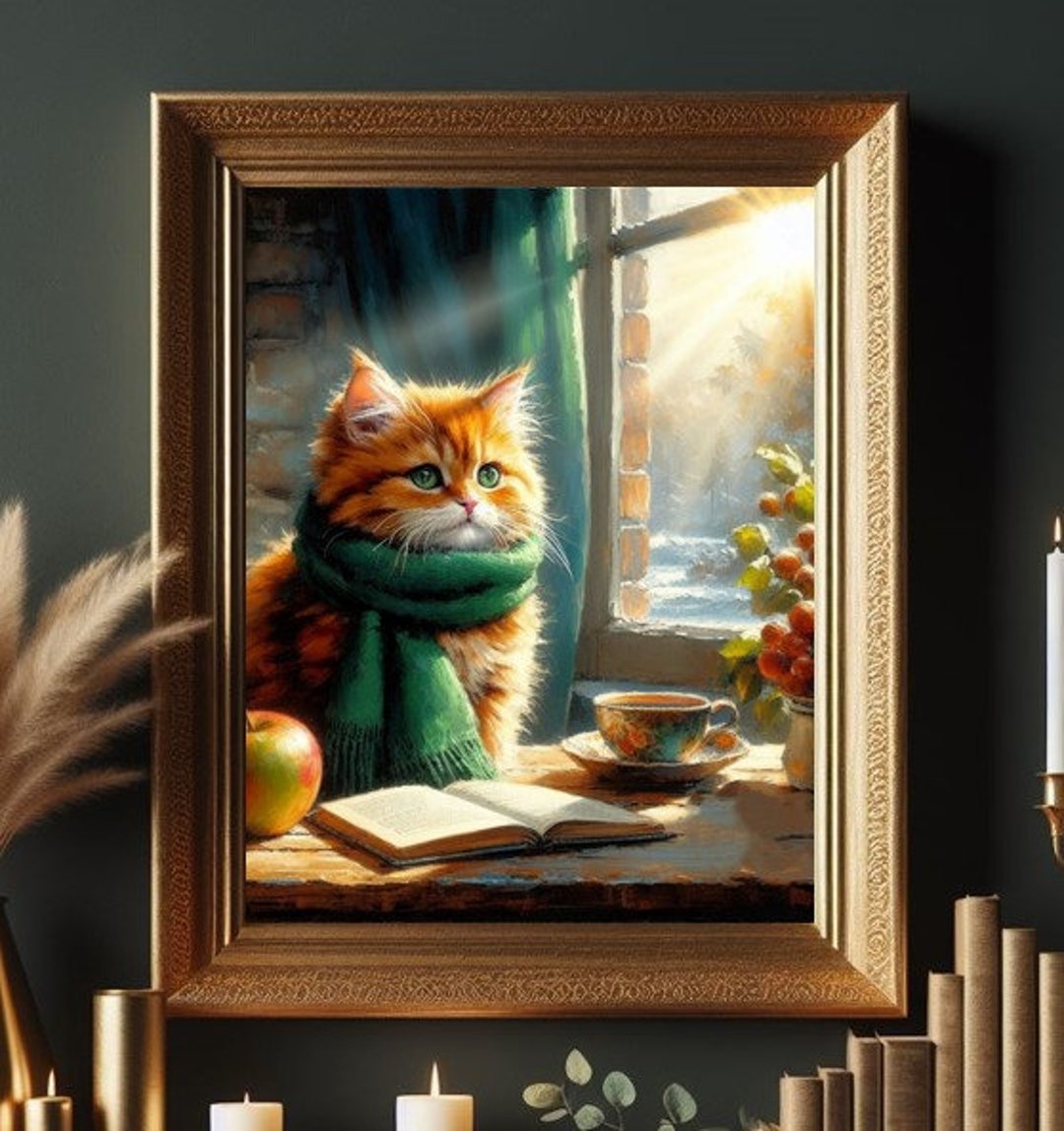 Fluffy Orange Cat Kitten With Scarf, in a Window With Sunlight, Coffee ...