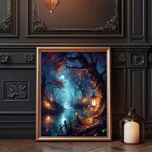 Magisch verzauberter Nachtwald, Wasser, Glühwürmchen, Laternen, beleuchteter dunkler Herbstwald Fantasy Kunst Bild Gemälde Druck