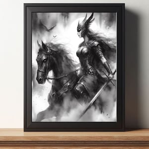 Guerreira Valquíria Medieval Viking mulher a cavalo, Fantasia Sombria, Névoa, Lua Cheia, Pintura em Aquarela, Impressão, Arte em Preto e Branco