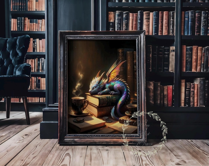 Iridescent Magical Library Dragon, Coffee books Vintage Medieval Dark academia painting Fantasy Wall art portrait poster Matte print