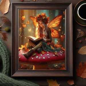 Herbst Fee auf Pilz sitzend lesend Tinkerbell Fantasy Märchen Fairycore wunderlicher Kunst Poster Fotodruck