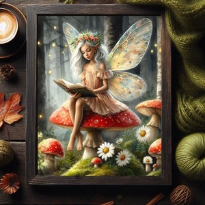 Waldfee sitzend auf rotem Pilz Lesebuch, Fantasy Märchen Fairycore wunderlich Aquarell Malerei Kunst Poster Foto Bild Druck