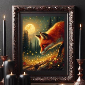 May include: A painting of a red fox in a forest setting. The fox is looking at a group of fireflies. The moon is visible in the background.