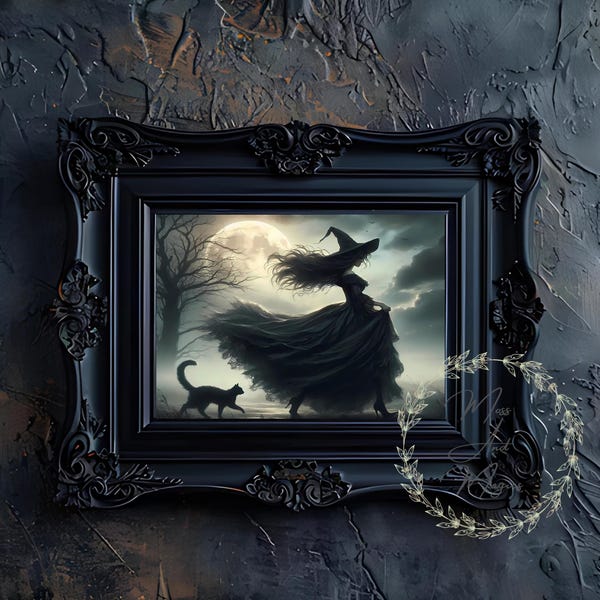 Witch walking with her black Cat, Full moon, Halloween Spooky Dark academia Fantasy Gothic Vintage painting print Witchy wall art poster