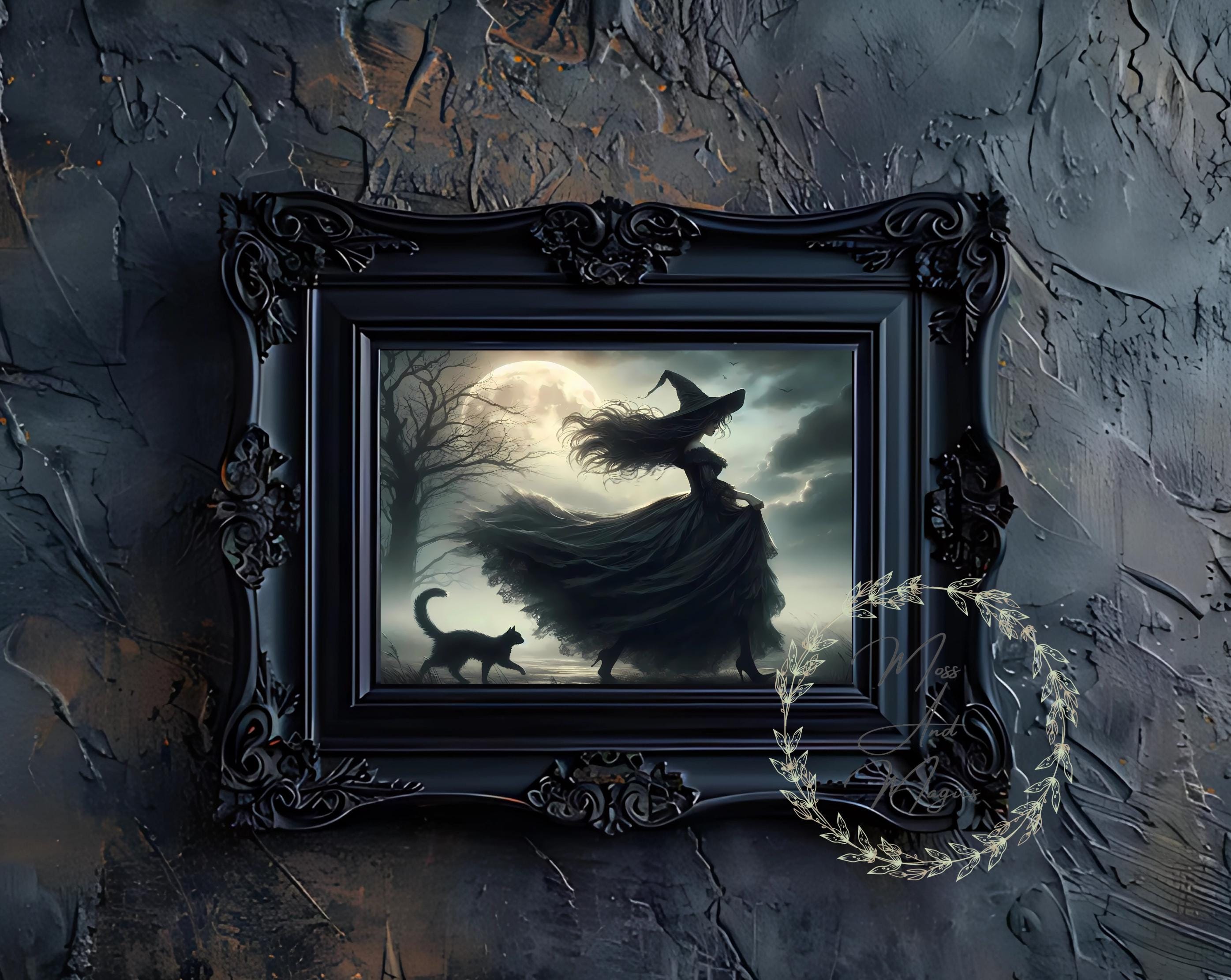 Witch walking with her black Cat, Full moon, Halloween Spooky Dark academia Fantasy Gothic Vintage painting print Witchy wall art poster