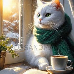 Fluffy Persian White Cat Kitten, in a Winter Window With Sunlight, Book ...