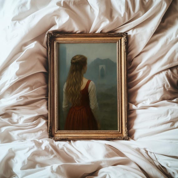 Heathcliff returns | Wuthering Heights | Emily Bronte Book | Cathy standing in ruins, fog mist scene | Wall art  painting print