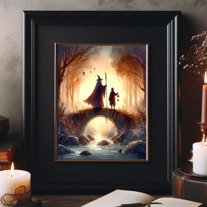 Hobbit Gandalf Frodo Herr der Ringe magisches Abenteuer Wald Baum Hobbiton Brücke Aquarell Portraitmalerei Kunstbild Posterdruck