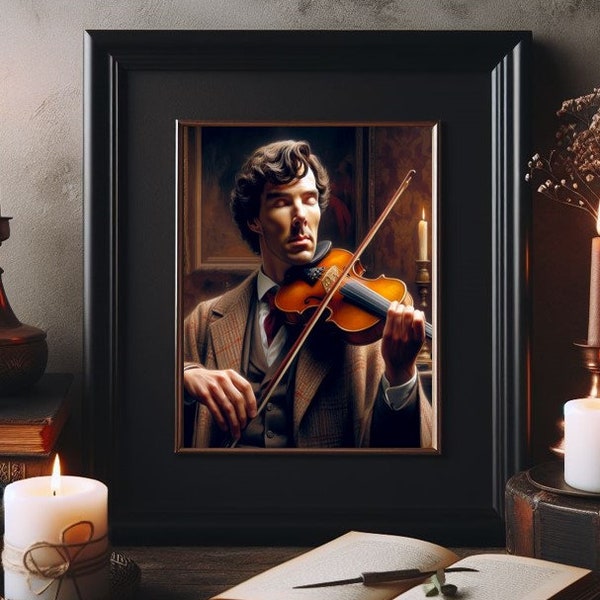 Sherlock Holmes Benedict Cumberbatch playing Violin in a suit with candlelight oil Painting art poster print