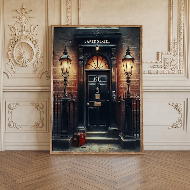 Sherlock Holmes 221 B Baker street Door London town Detective Night lanterns vintage Painting art print image 2