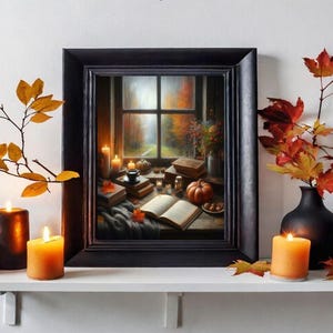 Gemütlicher Herbst Regen Fenster Cabin Cottage, Bücher, Kaffee, Kürbis, Vintage Bücherwurm Bibliothek Leser Buch Liebhaber Geschenk Malerei Wand Kunst Druck