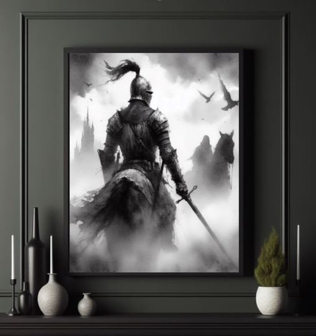 Medieval Knight Warrior on Horse in Battle, Dark Fantasy Misty Fog ...
