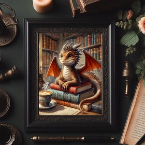 Bibliothek Drachen Baby rot braun Kaffee Bücher Vintage Dark Academia Stil des 18.Jahrhunderts Aquarell Malerei Fantasy Kunst Portrait Poster Druck