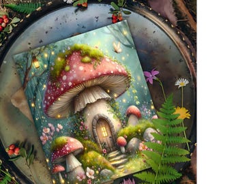 Mushroom Cottage Whimsical Enchanted Toadstool House Cozy Fairycore Cottagecore Woodland Nature Whimsical Decor Fantasy wall art Matte print