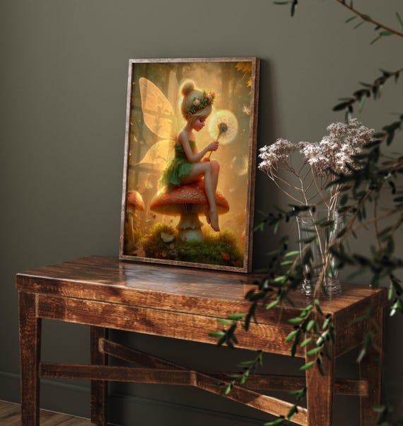 キノコの上にタンポポを持って座っている森の妖精、ティンカーベルの