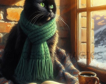 Black Cat In library sitting in window with scarf & coffee Sunlight shining through window Vintage Oil painting pet art print poster
