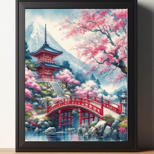 Japanese pink Cherry tree Sakura Blossom Red bridge Village Temple Traditional Mountain scenery Vintage painting Print Watercolor art