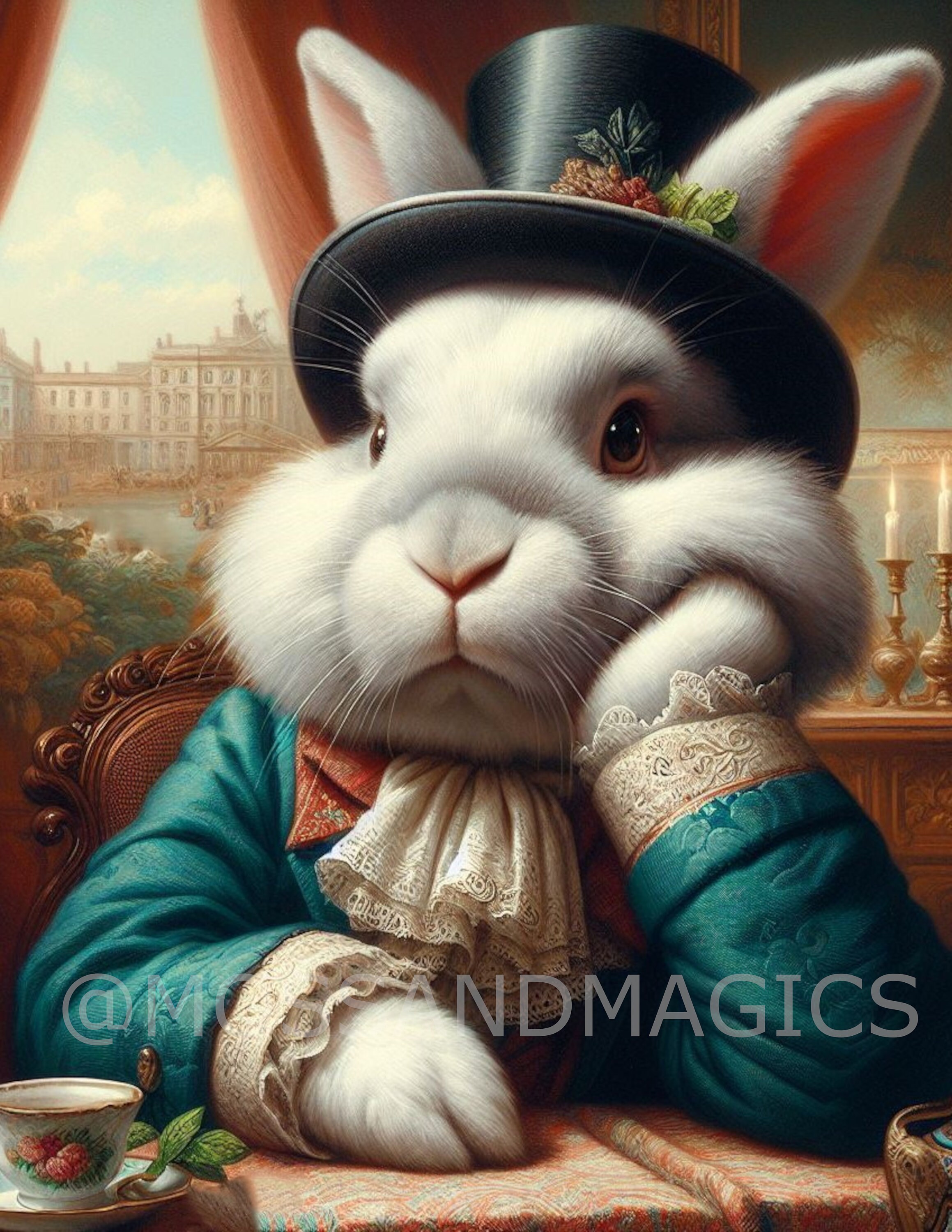 White Victorian Bunny Rabbit With Top Hat Tea Cup Alice in  display picture 1