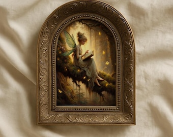 Forest Fairy sitting on branch reading a book, Vintage painting Fantasy Fairy tale Whimsical sprite Fairycore Moody wall art picture print
