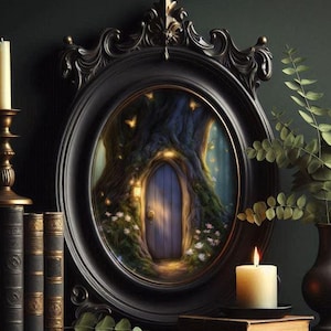 May include: A black ornate oval frame with a gold trim surrounds a painting of a blue door in a tree trunk. The door is surrounded by green foliage and glowing lights. The frame is on a dark surface with books and candles.