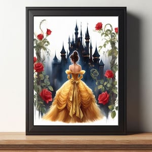 Beauty and the Beast Belle in Ball Gown dress Castle background surrounded by Roses Fairy tale wall decor art Watercolor painting print