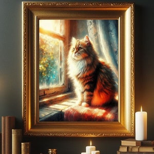 Pode incluir: Uma pintura de um gato laranja e branco felpudo sentado em um parapeito de janela, olhando para fora. O gato está em um quarto ensolarado com um cobertor vermelho no parapeito da janela.