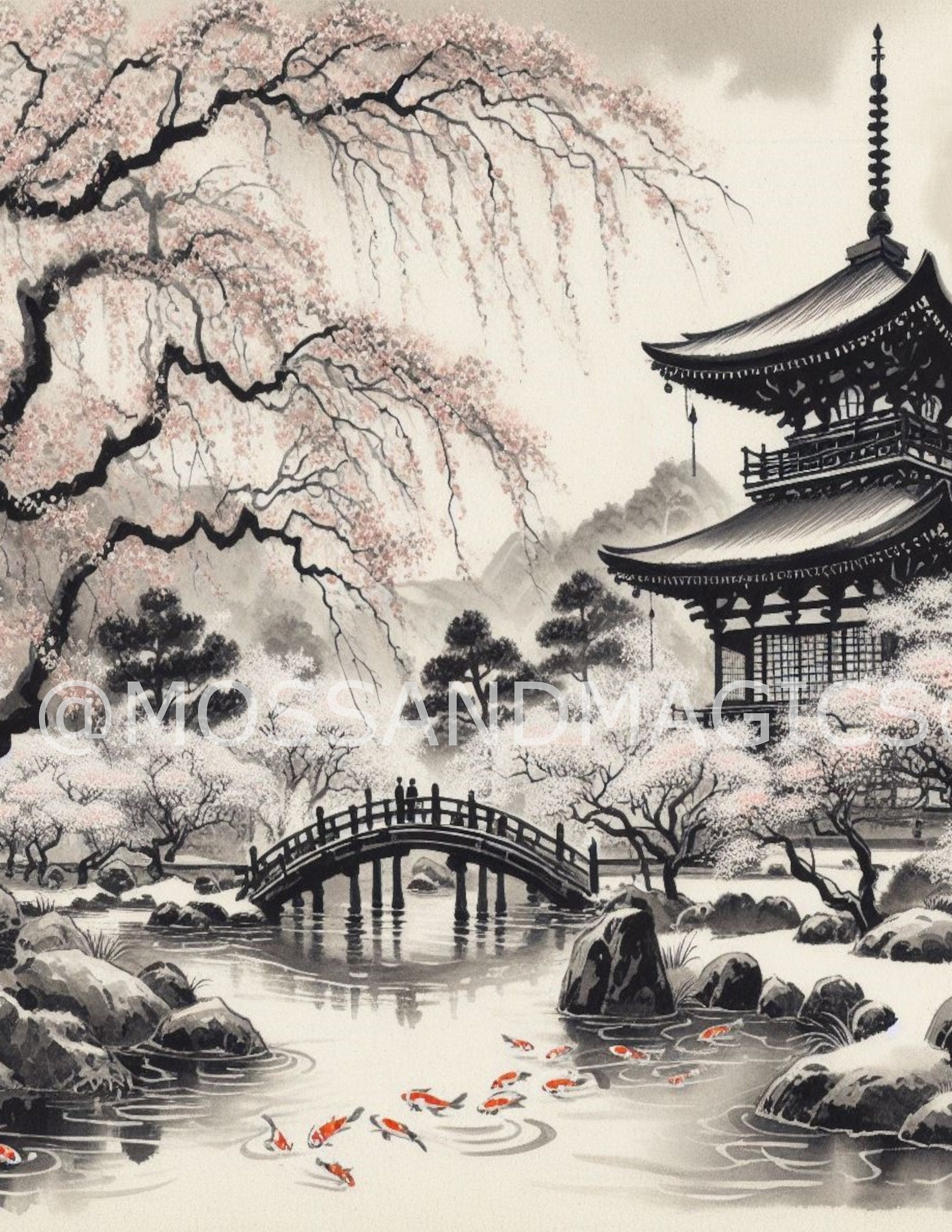 Japanese Pink Cherry Tree Sakura Blossom Bridge Village Temple ...