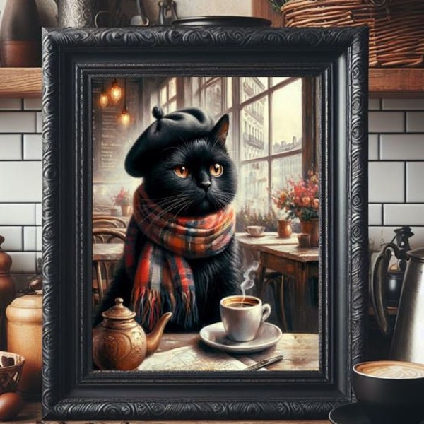 Black Cat with scarf & Beret in a cozy Italian Coffee tea shop cafe Vintage Oil painting pet art print wall art poster