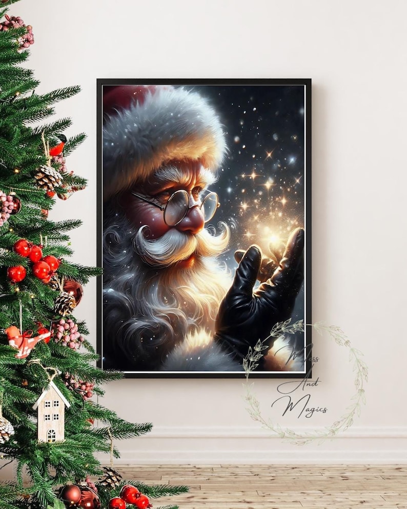 May include: A Christmas-themed art print featuring a detailed illustration of Santa Claus. He is depicted with a warm, glowing expression, holding a sparkling orb in his gloved hands. The background is a dark, starry night with falling snow. The overall color palette is rich and warm, with deep reds, golds, and blues. The print is framed in black and is suitable for holiday decor.