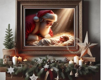 Puede incluir: Una pintura enmarcada de Santa Claus mirando hacia abajo a un bebé Jesús acostado en un pesebre. La pintura está colocada contra una pared blanca con una guirnalda navideña y velas delante de ella.