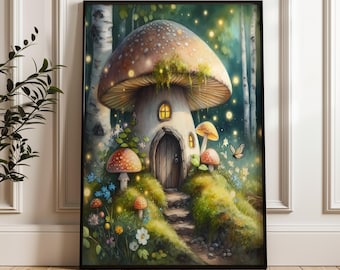 Mushroom Cottage Whimsical Enchanted Toadstool House Cozy Fairycore Cottagecore Woodland Nature Whimsical Decor Fantasy wall art Matte print
