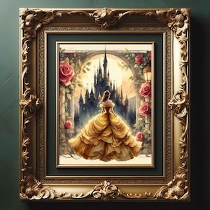 Beauty and the Beast Belle in Ball Gown dress Castle background surrounded by Roses Fairy tale wall decor art Watercolor painting print