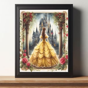Beauty and the Beast Belle in Ball Gown dress Castle background surrounded by Roses Fairy tale wall decor art Watercolor painting print