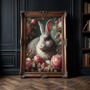 Victorian Rabbit, Easter, Spring flowers, Floral Farmhouse Vintage Bunny Cottagecore Vintage classic painting Portrait poster Print wall art