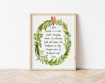 Eenvoudige daden van vriendelijkheid en liefde citaat bos aquarel schilderij kinderkamer kunst aan de muur print poster