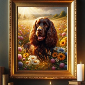 May include: A framed painting depicting a brown and black dog in a field of flowers. The dog is looking at the viewer with its tongue out. The sun is shining brightly in the sky.