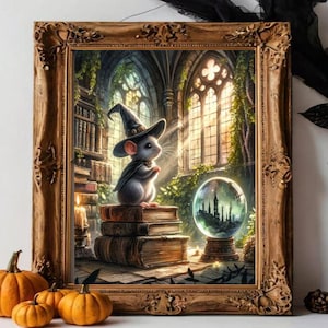 Muslärling, häxhatt, trollkarl, kristallkula, magiskt bibliotek Halloween häxig vintage akvarellmålning konsttryck bild porträtt